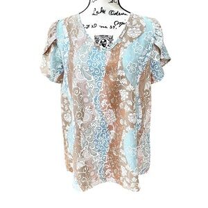 Abstract Floral Moroccan Top Short Flowy Sleeves Size S